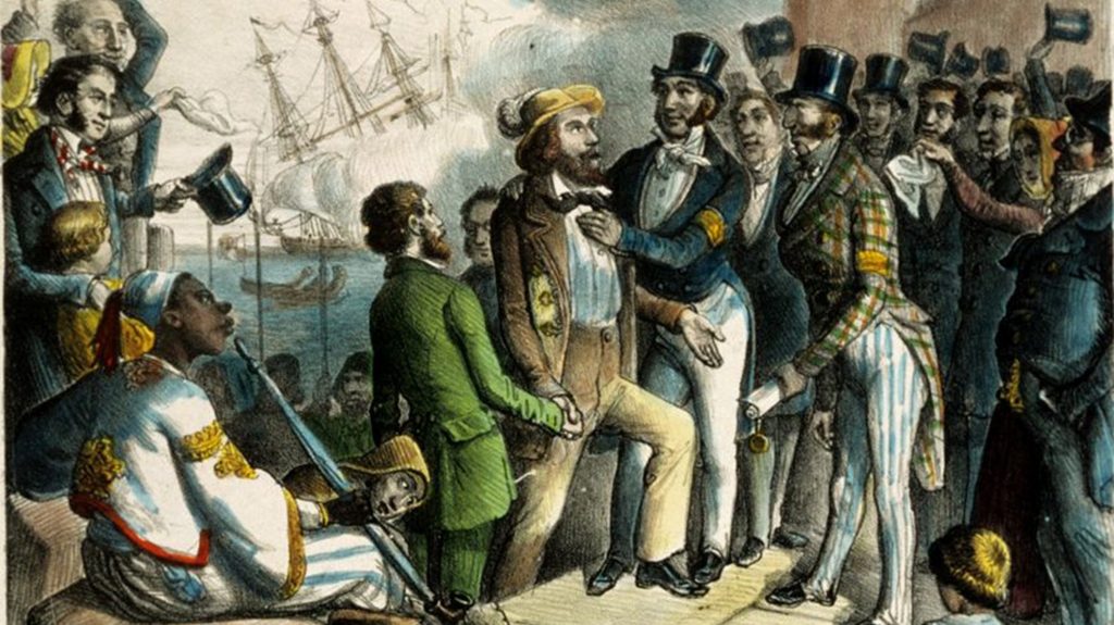 Zeitgenössische Darstellung von Friedrich Hecker bei seiner Ankunft in New York 1848, umgeben von einer jubelnden Menschenmenge am Kai.