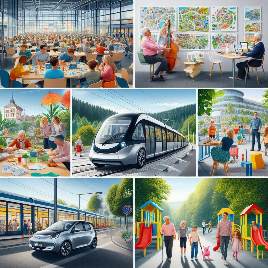 Illustrative Collage zur nachhaltigen Mobilität: Menschen nutzen moderne Straßenbahnen und Elektroautos, bewegen sich in grünen, verkehrsberuhigten Stadträumen und kombinieren Mobilität mit gemeinschaftlichem Leben und Natur.
