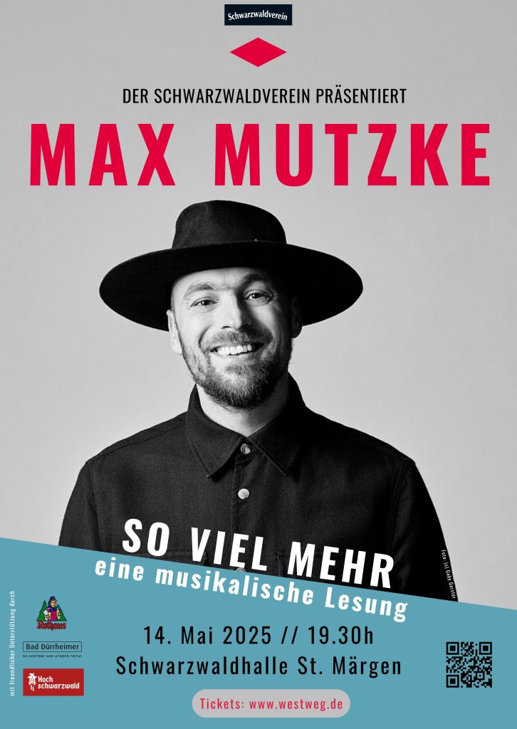 Max Mutzke: So viel mehr – eine musikalische Lesung. 14. Mai 2025, 19:30 Uhr in der Schwarzwaldhalle St. Märgen.