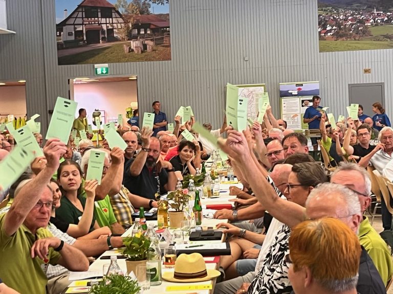 Große Zustimmung bei der Wiederwahl von Meinrad Joos zum Präsidenten des SWV. Zahlreiche Wahlzettel werden hoch gehalten.