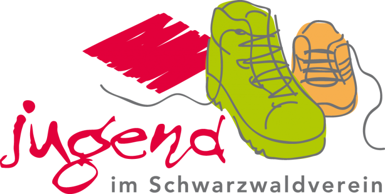 Logo „Jugend im Schwarzwaldverein“ mit gemalter roter Raute, einem grünen und einem orangefarbenen Wanderschuh sowie dem Schriftzug in Schreib- und Druckschrift.