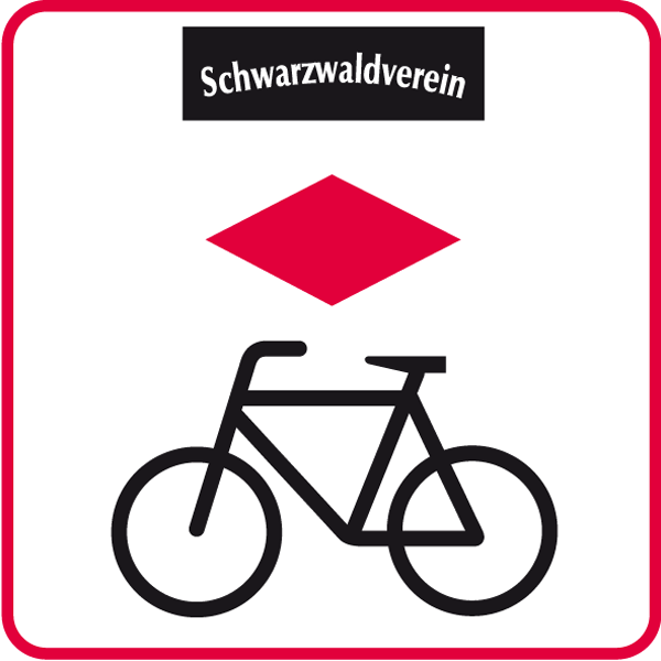 Das Logo des Schwarzwaldradwegs ist ein rotumrandetes Quadrat mit abgerundeten Ecken, in dem der Schriftzug des Schwarzwaldvereins, eine rote Raute und ein großes schwarzes Fahrrad-Icon abgebildet sind.