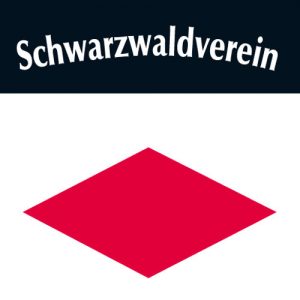 Logo des Schwarzwaldvereins – oben ein weißer Schriftzug auf schwarzem Hintergrund, darunter eine große rote Raute auf weißem Grund.