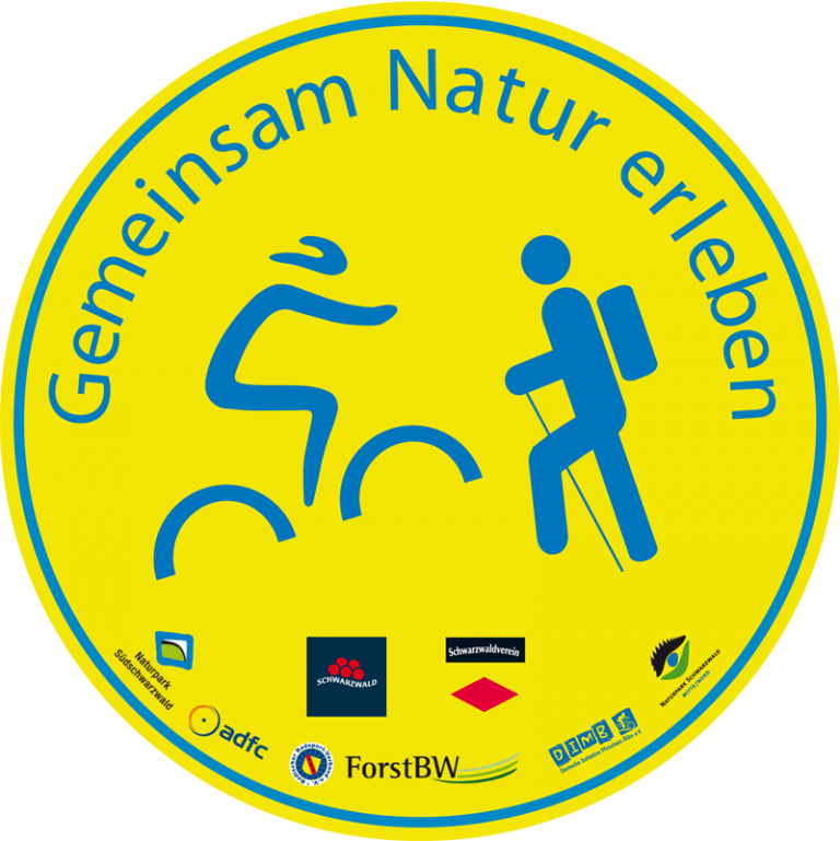 Logo der Toleranzkampagne „Gemeinsam Natur erleben“; gelber Kreis mit stilisiertem Radfahrer und Wanderer.