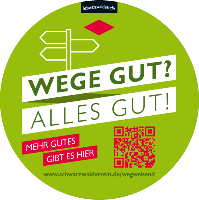 ogo ‚Wege gut – Alles gut‘: Grüner Kreis mit Slogan und Wegweiser-Icon, Symbol für positive Wege und Orientierung.