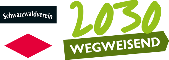 Logo „Wegweisend 2030“ mit grünem Schriftzug rechts, links das Schwarzwaldvereinslogo mit roter Raute und darüber dem Schriftzug „Schwarzwaldverein“ in weißer Schrift auf schwarzem Grund.