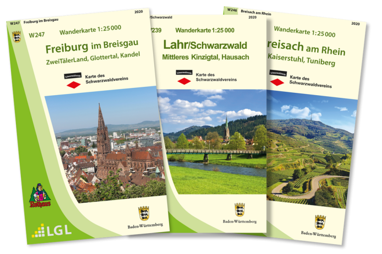 Wanderkarten des Schwarzwaldvereins im Maßstab 1:25.000 für Freiburg, Lahr und Breisach.