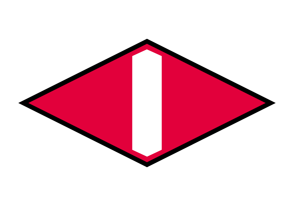 Das Wegzeichen „Mittelweg“ ist eine schwarzumrandete rote Raute mit einem senkrechten angespitzten weißen Balken im Zentrum.