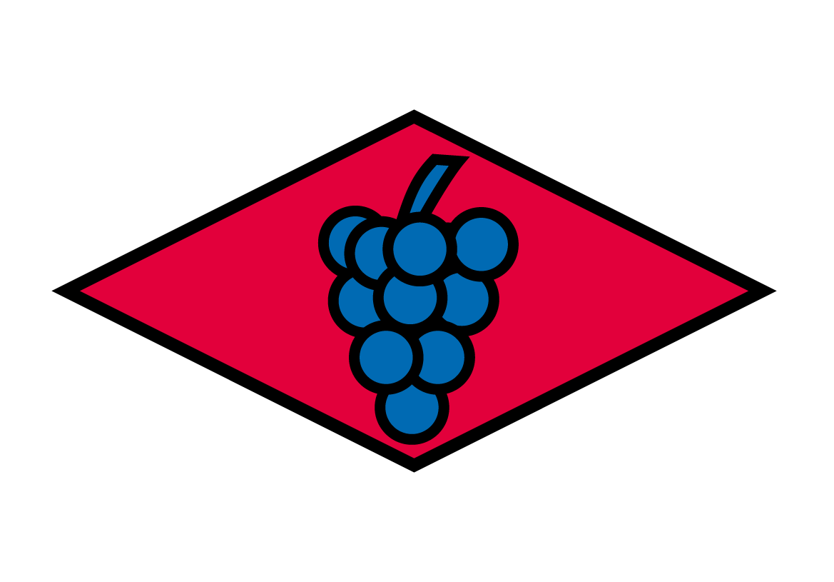 Das Wegzeichen des Ortenauer Weinpfads ist eine schwarzumrandete rote Raute mit einer blauen schwarzumrandeten Traube im Zentrum.