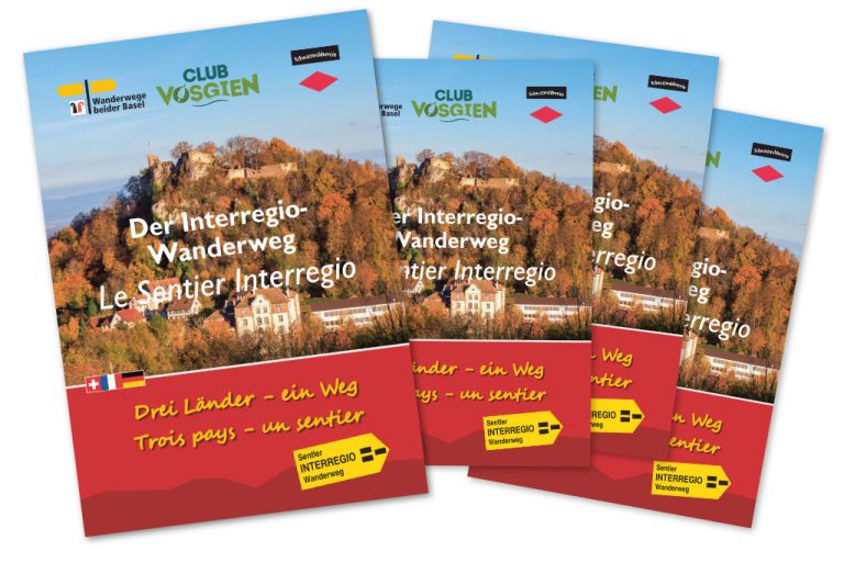 Zweisprachige Broschüre „Der Interregio-Wanderweg“ / „Le Sentier Interregio“ herausgegeben von Wanderwege beider Basel, dem Club Vosgien und dem Schwarzwaldverein. „Drei Länder – ein Weg / Trois pays – un sentier.“