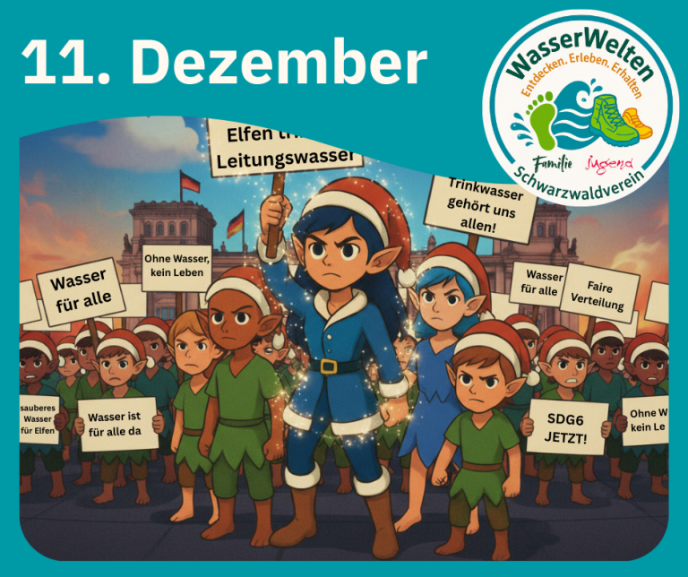 Die kleine Weihnachtselfe demonstriert mit vielen anderen Weihnachtselfen für Wasser für alle.