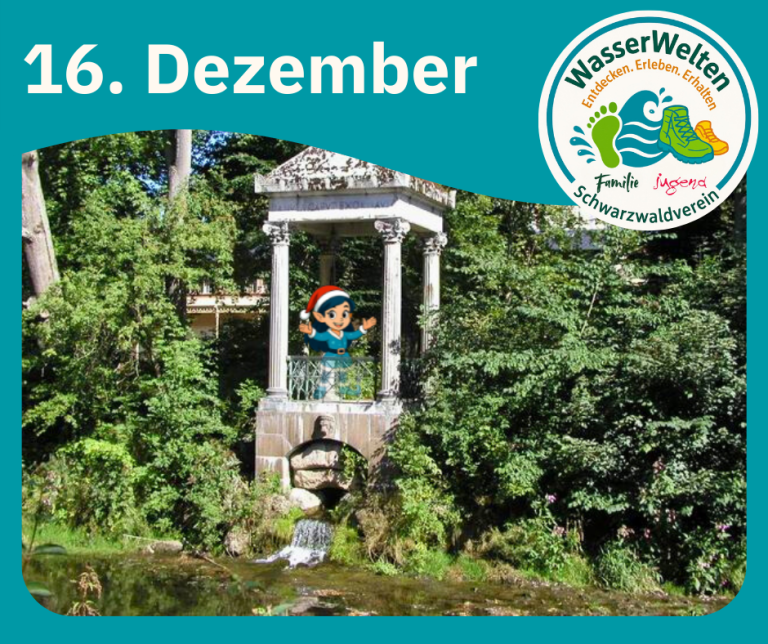 Die kleine Weihnachselfe steht im Donautempel am Ausfluss des Donaubachs in die Brigach und freut sich. – WasserWelten entdecken, erleben, erhalten. Familie und Jugend im Schwarzwaldverein.