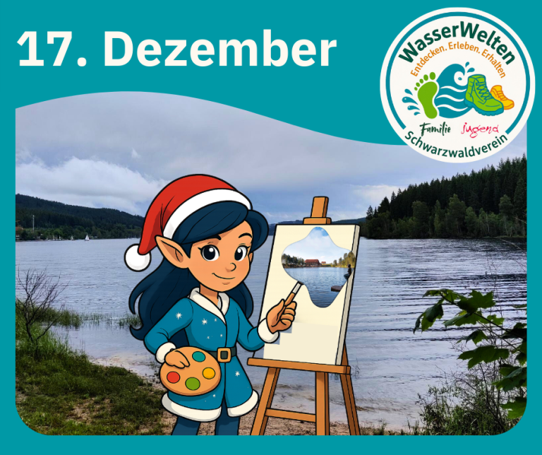 Die kleine Weihnachtselfe malt an einer Staffelei am See die WasserWelten-Landschaft um sie herum.