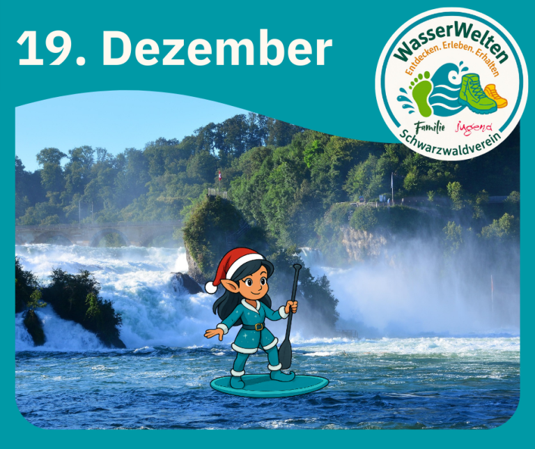 Die kleine Weihnachtselfe steht auf einem Stand-up-Paddling-Board an einer Wasserstufe. – WasserWelten entdecken, erleben, erhalten. Familie und Jugend im Schwarzwaldverein.
