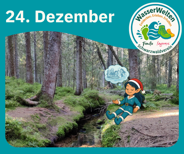 Die kleine Weihnachtselfe sitzt an einem Bach und träumt vom Bootfahren und Planschen im Sommer.