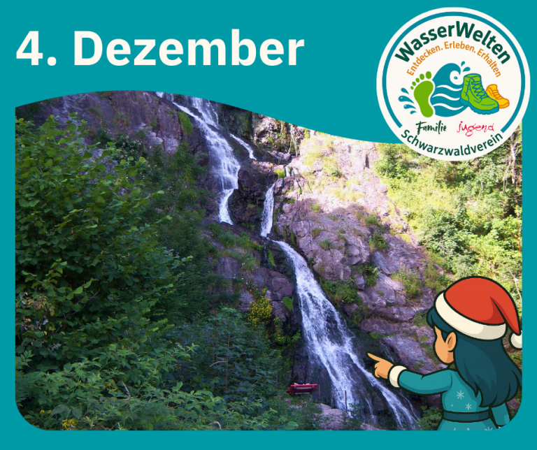 Die kleine Weihnachtselfe zeigt auf einen langen, mehrstufigen Wasserfall, der einen Felsen hinabfließt.