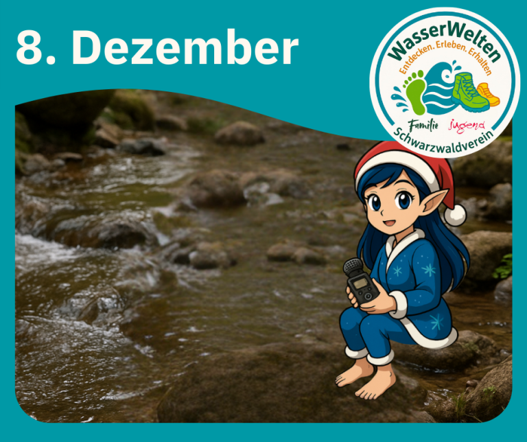 Die kleine Weihnachtselfe hockt barfuß auf einem Stein in einem Bach und nimmt mit einem mobilen Audio-Recorder Wasserklänge auf.