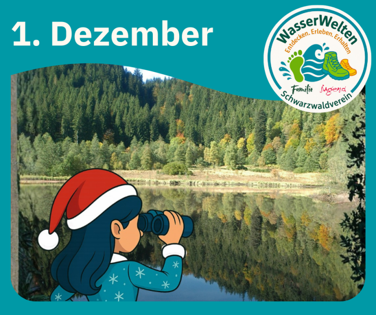 Die kleine Weihnachtselfe schaut durch ein Fernrohr auf einen See im Wald.