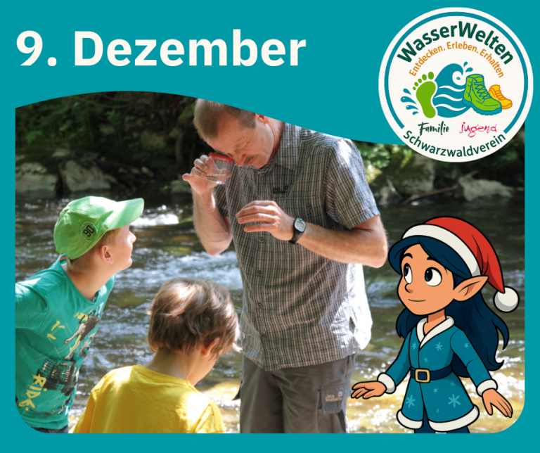 Die kleine Weihnachstelfe schaut mit zwei anderen Kindern gespannt zu, wie ein Erwachsener ein Wasser-Experiment zeigt.