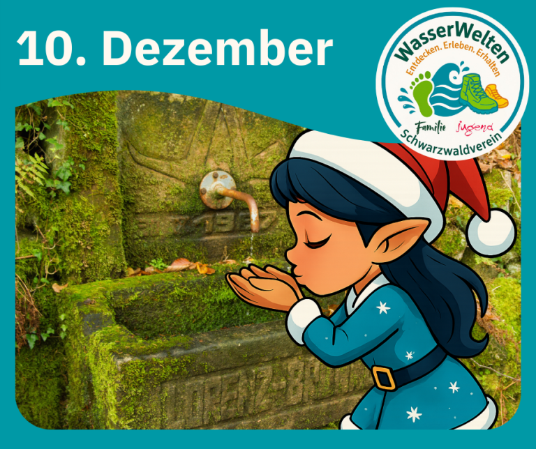 Die kleine Weihnachtselfe schöpft Wasser aus einem Brunnen und trinkt es aus ihren Händen. – WasserWelten entdecken, erleben, erhalten. Familie und Jugend im Schwarzwaldverein.