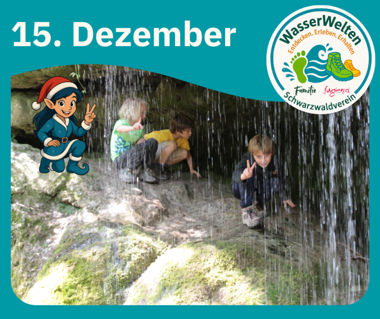 Die kleine Weihnachtselfe hockt mit drei Kindern in einer Höhle hinter einem Wasserfall.