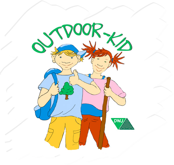 Illustration von zwei fröhlichen Kindern beim Wandern: ein Junge mit Rucksack und ein Mädchen mit Wanderstock. Über ihnen steht „Outdoor-Kid“, daneben ist das DWJ-Logo zu sehen.