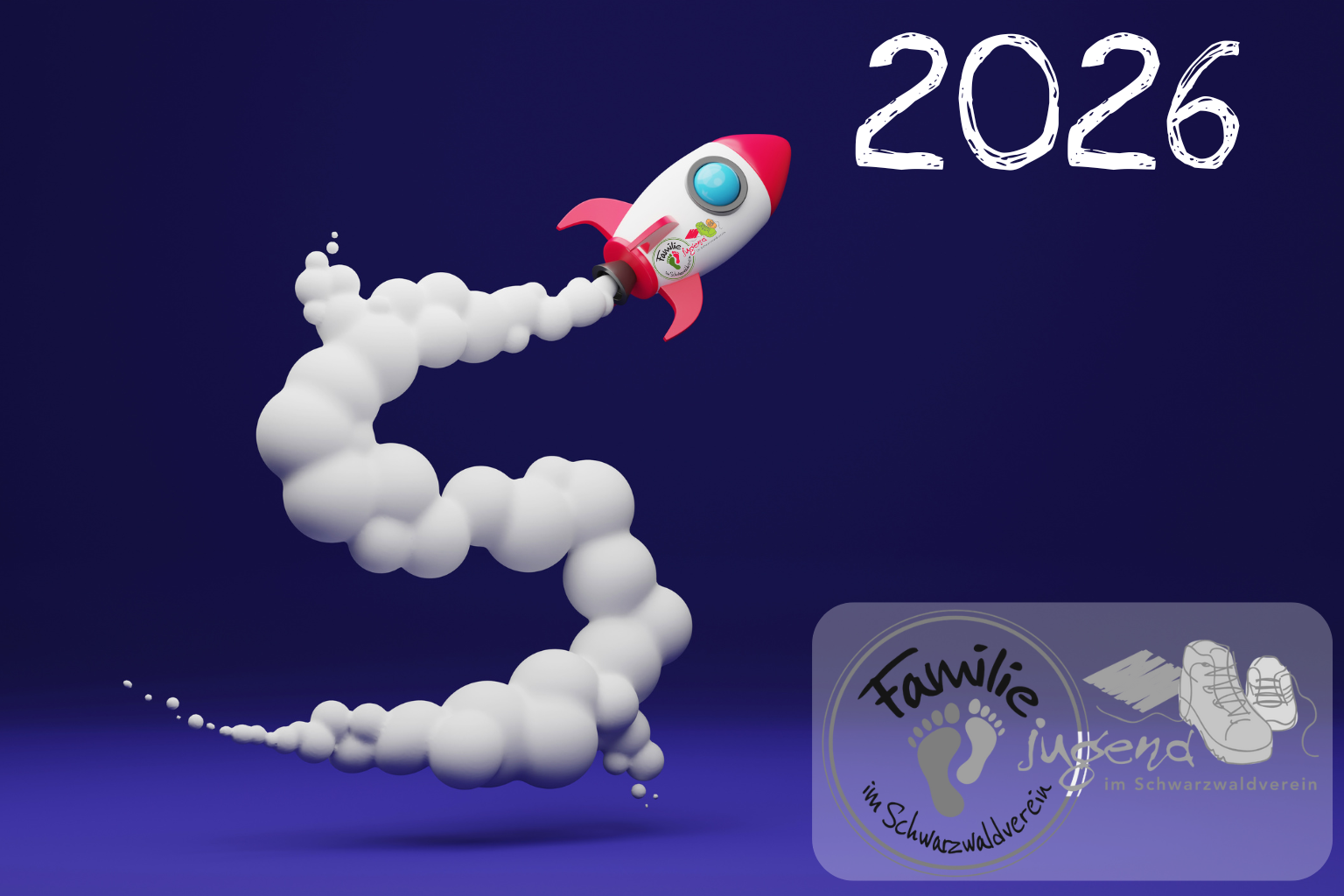 Grafische Illustration auf dunkelblauem Hintergrund: Eine kleine rot-weiße Rakete steigt dynamisch nach oben und hinterlässt eine wolkige, geschwungene Rauchspur. Rechts oben ist die Jahreszahl ‚2026‘ dargestellt. Unten rechts befindet sich das Logo ‚Familie Jugend im Schwarzwaldverein‘ mit Fuß- und Wanderschuhsymbolen.