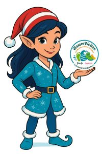 Illustration einer fröhlichen, elf-artigen Figur in blau-weißer Kleidung mit roter Mütze, die ein rundes Logo mit dem Schriftzug „WasserWelten Schwarzwaldverein“ hält.